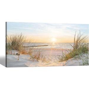 SD SOFT DANCE Canvas Wall Art Beach Picture: Coastal Sunset Painting Decor Ocean Seascape Artwork Sea Seaside Dunes Grass Print for Living Room Bedroom Bathroom 40 x 20 Inch