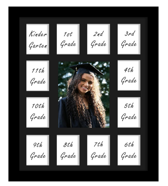 DUENPY 12x16 School Year Picture Frame K-12 Displays One 5x7 Photo and Twelve 2.5x3.5 Pictures Graduation Photo Collage Wall Hanging Collage School Picture Frame Black