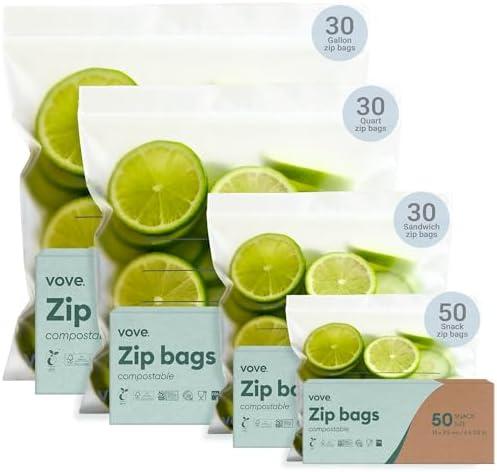 Vove Compostable Storage Bag Bundle, Count Multi-Size S/M/L/XL – Freezer Safe, Resealable, Non Toxic Bags for Food, Meal Prep & Snacks, Plastic-Free Eco Bags