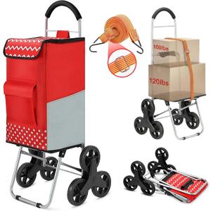Shopping Cart, Super Loading Stair Climber 220 lbs Capacity Grocery Foldable Cart with Extra Large Shopping Bag Laundry Utility Cart with Adjustable Bungee Cord, Red