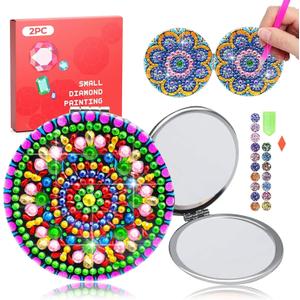 2 x CharySim 2 PC Diamond Art Compact Mirror Kits for Teen Girl Adults Women with Painting and Crafts Kits for Girls 8 12 Kids Old Ages 7 9 10 11 13 14 Year Birthday Gift(Mandala Pink)