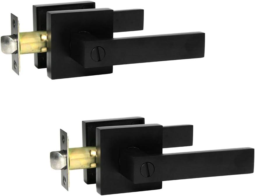 SUNTAI 2 Pack Matte Black Interior Privacy Door Lever, Heavy Duty Door Lever Handle, Square Plate Keyless Door Lockset for Bedroom/Bathroom
