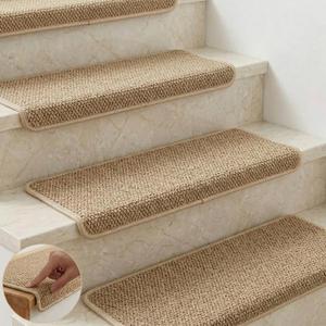 Bullnose Carpet Stair Treads for Wooden Steps, Non-Slip Self-Adhesive Stair Tread Mat, Indoor Corridor and Pet Stair Carpet, Washable, Preventing Pets, 29.5"x9.5"x1.5" 14pcs, Camel