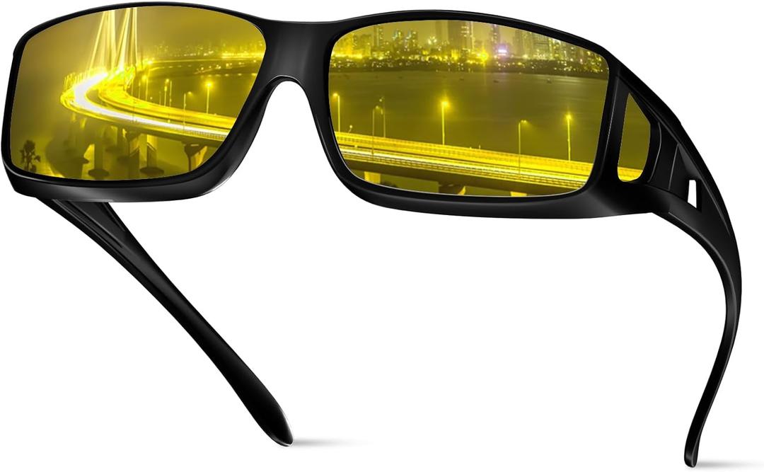 Night Driving Glasses for Men Women Fit Over Sunglasses Anti Glare Polarized HD Night Vision Glasses (02 Glossy Black Frame/ Yellow Night Vision Lens)