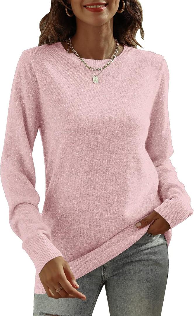 DUTUT Women's Long Sleeve Glitter Tops Crewneck Pullover Sweater Basic Casual Solid Color Tunic Tops Fall Soft Sweater (Pink, XL)