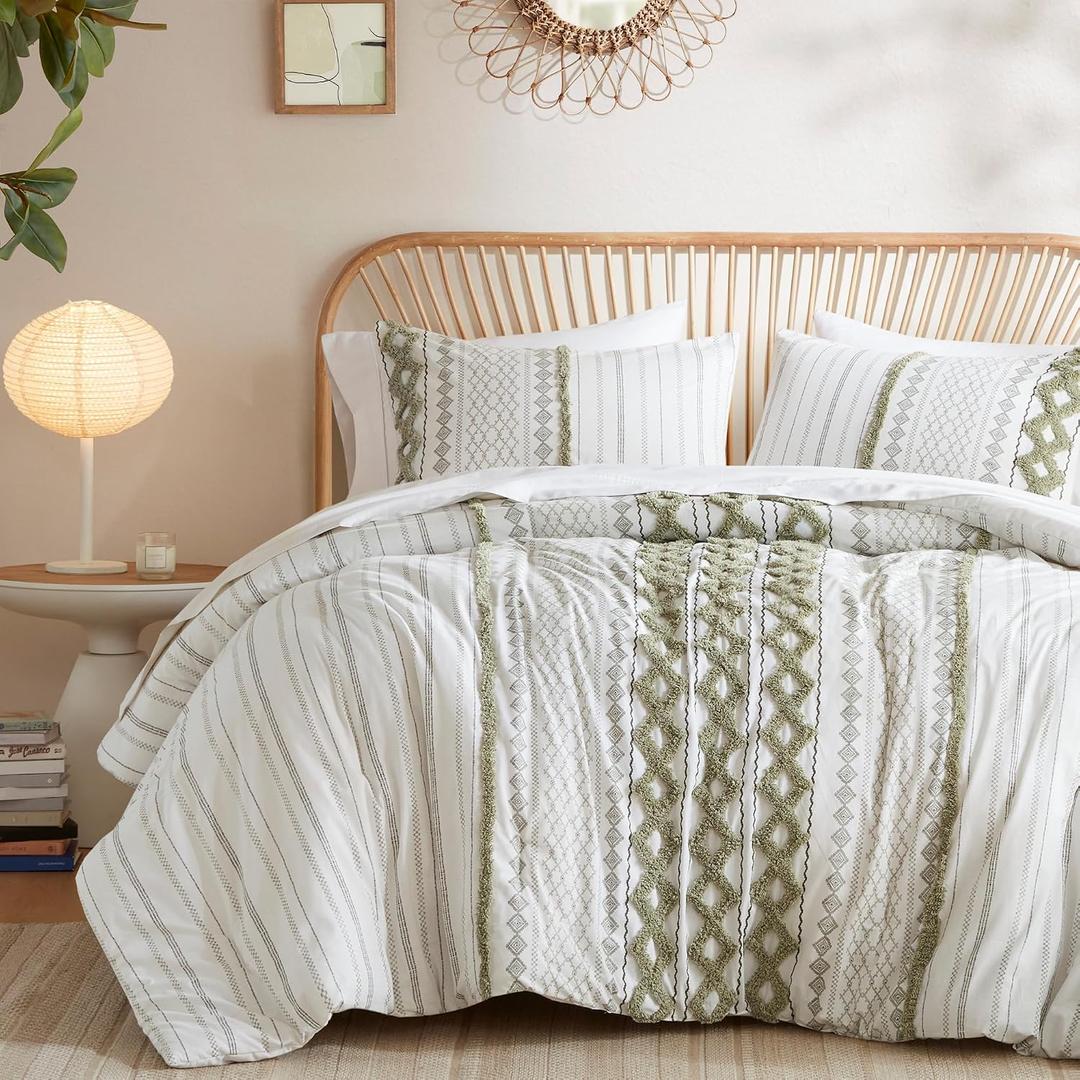 Ink+Ivy Queen Comforter Set, Boho Comforters, Breathable Cotton Bed Set, All Season Modern Chenille Tufted Comforter with Farmhouse Bedding Flare, Gifts for Woman, Sage/Ivory 3 Piece, Full/Queen
