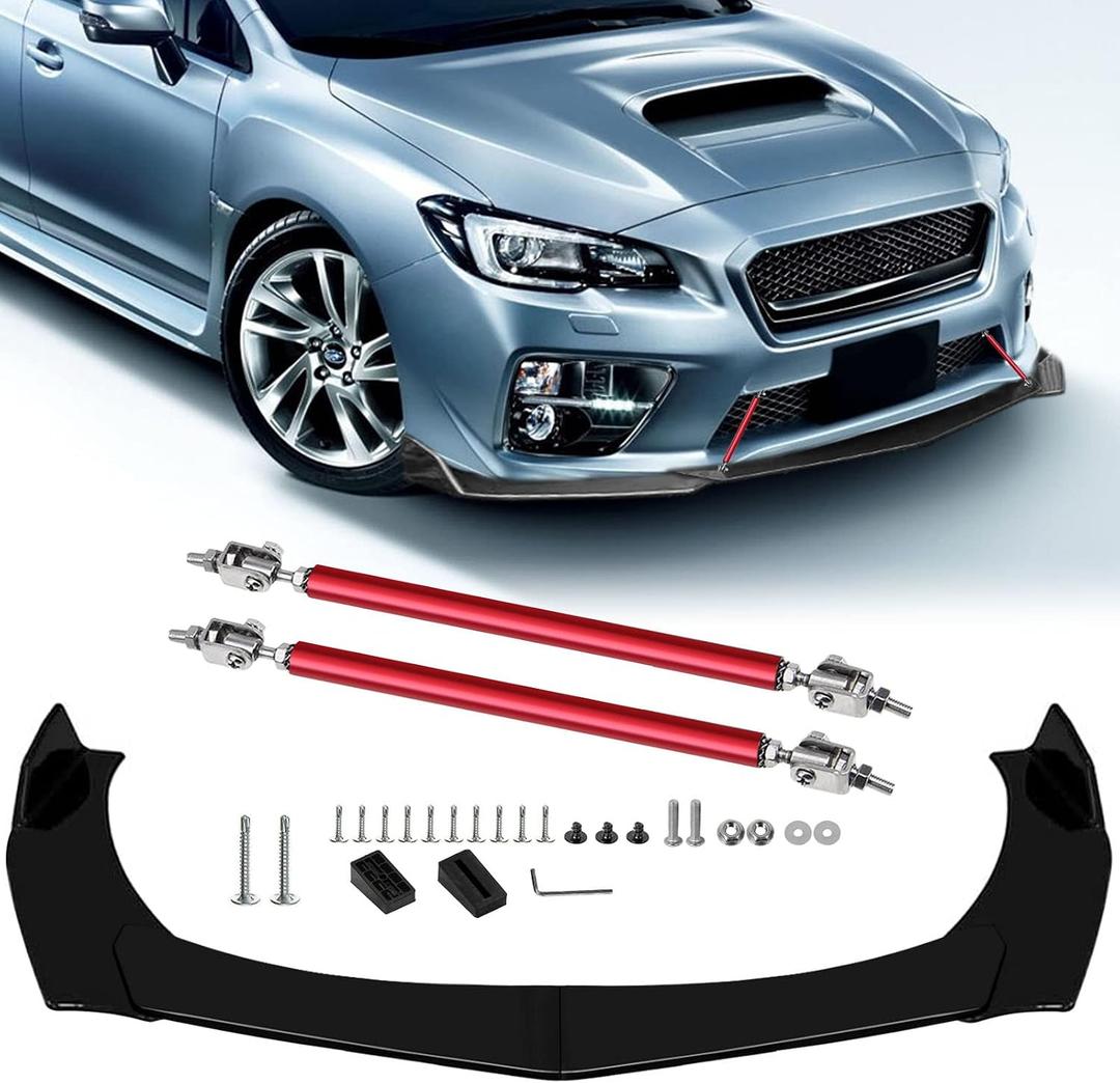 4Pcs Front Bumper Lip Chin Spoiler Splitter Diffuser Protector Air Dams Fit 66.9"-76.7'' Width Cars with 2Pcs Adjustable 8"-11" Red Splitter Rods, Glossy Black Sharp Corner