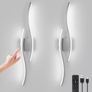 Modern LED Wall Sconce Set of Two, Dimmable Battery Powered Wall Sconces, 3000K-6500K LED Wireless Wall Light with Remote, Wall Lamp Indoor not Hardwired for Room Bedroom CorridorNickel