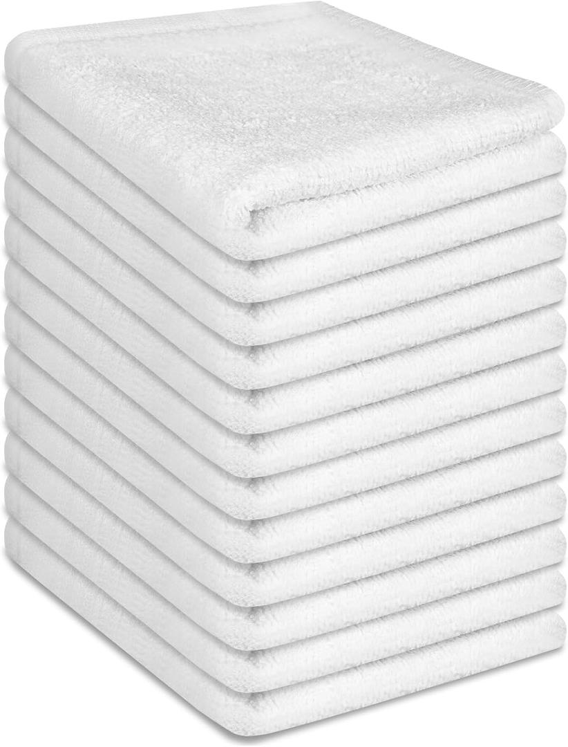 INFICRIME 12 Pack 100% Cotton Wash Cloth, 12x12 Inch Highly Absorbent and Soft Feel Fingertip Towels, Machine Washable Washcloths for Bathroom, Gym, Hotel, Spa and Kitchen, White