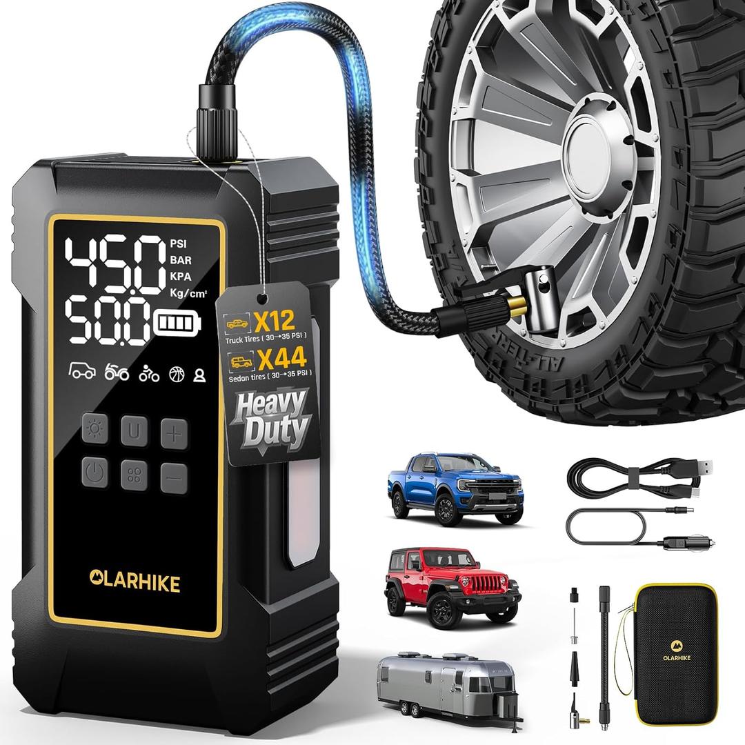 OlarHike Powerful 12000mAh Heavy Duty Tire Inflator Portable Air Compressor, 150PSI Dual Power 12V&Cordless Air Pump for Car Tires, Pickup Trucks, Jeeps, SUVs & RVs. Digital Pressure Gauge & LED Light