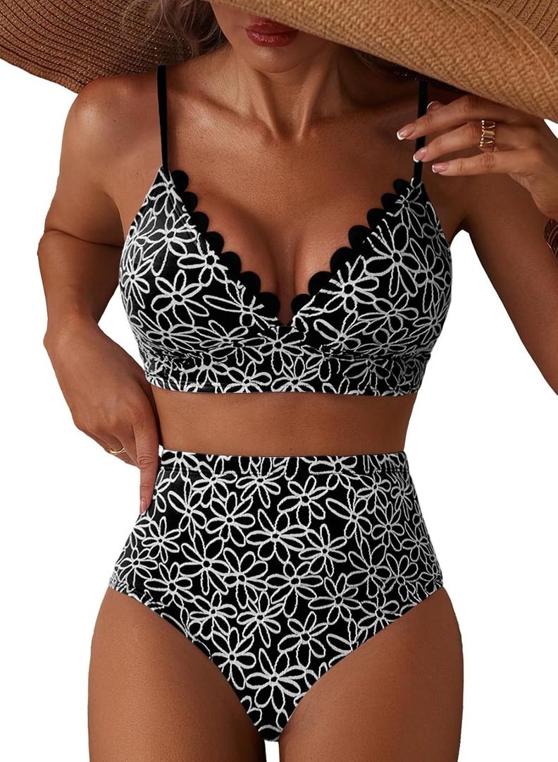 Herseas Women's Embroidered Flowers Bikini Sets Scalloped V Neck Swimsuits High Waisted Bathing Suits (Black, L)