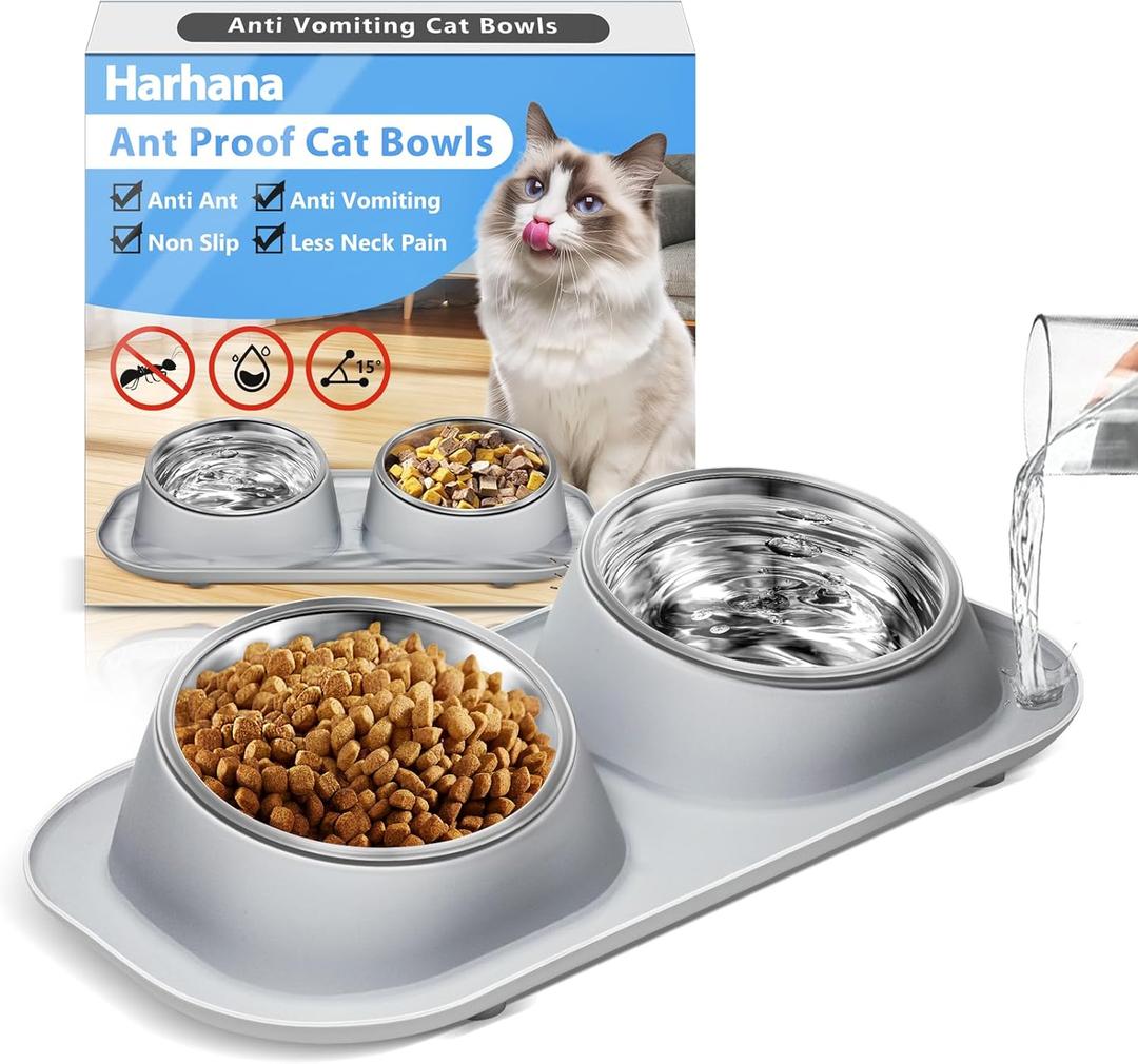 Ant Away Stainless Steel Elevated Cat Bowls with Stand - Tilted Anti Vomiting, Double Food and Water Bowl Set (Grey, 16 Oz)