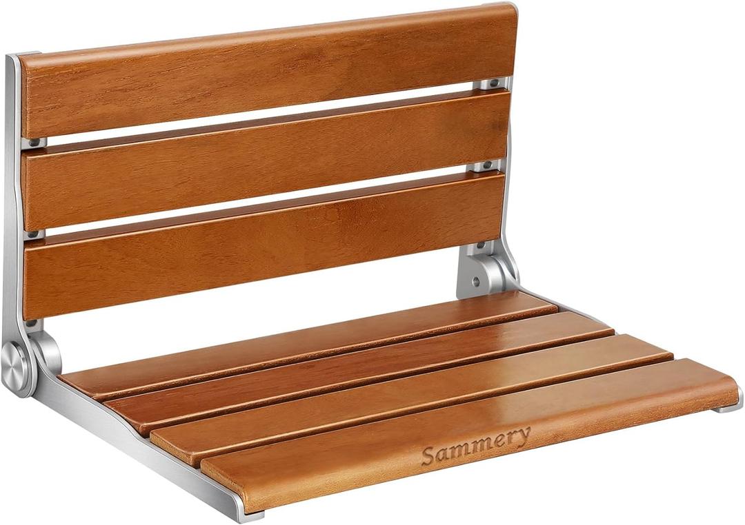 18" Teak Folding Shower Seat Wall Mounted,Fold Down Shower Bench for Small Shower Space, Home Care Teak Wood Stool for Inside Shower,Pregnants-Maximum Load 400lb (Yellow&Silver)