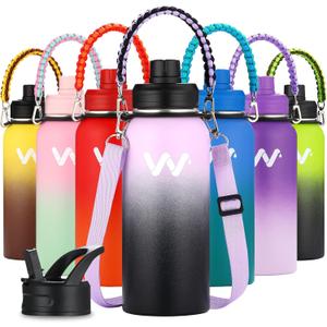 WEREWOLVES 24 oz Insulated Water Bottle With Paracord Handles & Strap & Straw Lid & Spout Lid, Reusable Wide Mouth Vacuum Stainless Steel Water Bottle for Adults (New-Summer Orange, 24 oz)