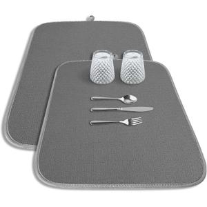 Kitsure Dish Drying Mat - 2-Pack Washable Microfiber Drying Mat for Kitchen Counter, 3-Layer Ultra Absorbent Pad with a Hanging Hook, 20" x 14", Dark Grey