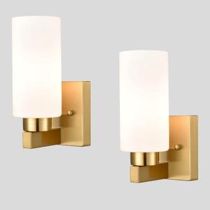 Modern Wall Light Fixtures Brass Bathroom Vanity Light with Milky White Cylinder Glass Shade Set of 2 (Hardwired)