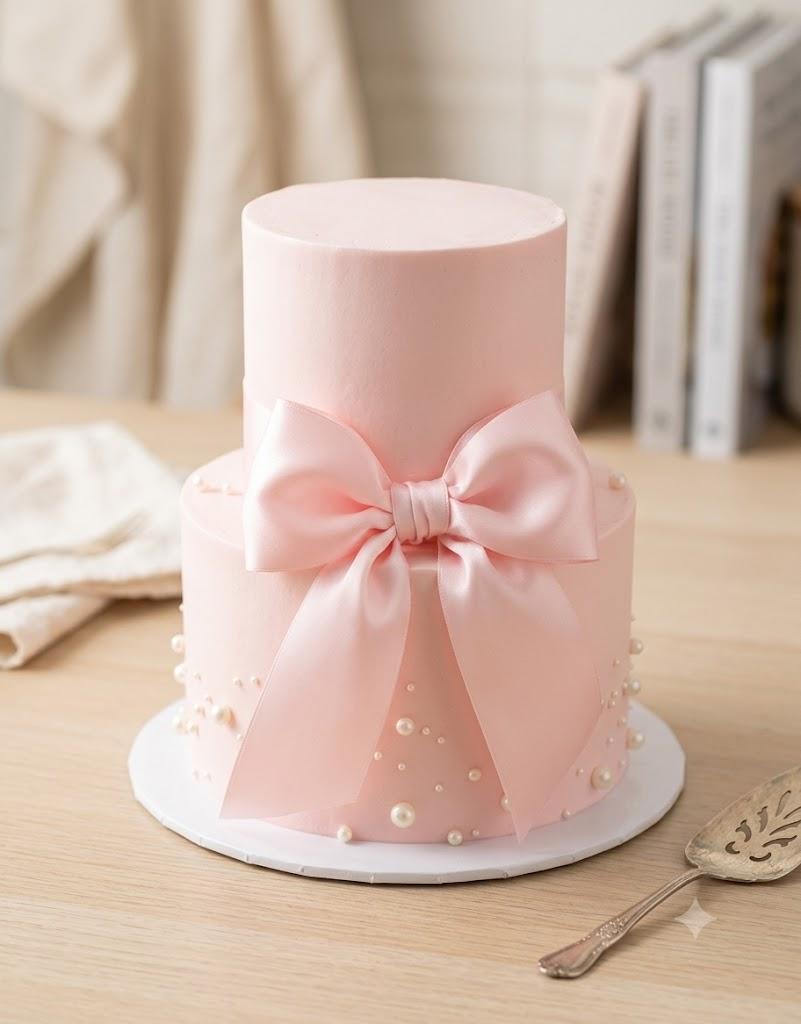 Novabright 2 Tiers 4' 6' Pink Bow Pearl Fake Cake Round Prop Cake Birthday Decorations Artificial Wedding Dessert Props Pink Bow Topper for Display Photography Women Birthday Gift