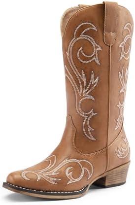 DREAM PAIRS Women's Cowboy Boots Mid Calf Cowgirl Boots Square Toe Chunky Heel Embroidery Stitched Western Boots 6.5