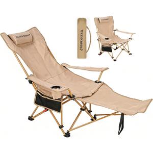 Reclining Camping Chair with Footrest, 4-Position Adjustable Back Folding Lounge Chair for Adult | Heavy-Duty Beach Chairs with Cup Holder & Carry Bag for Beach, Camping, Backyard, Fishing