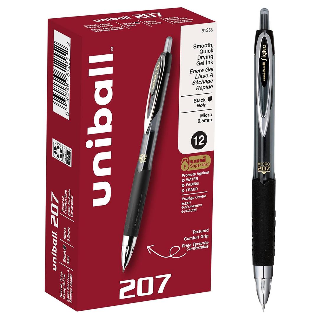 uni-ball 207 Retractable Fraud Prevention Gel Pens, Micro Point, 0.5 mm, Black Barrels, Black Ink, Pack Of 12