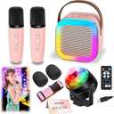 Karaoke Machine for Kids, Portable Bluetooth Speaker with 2 Wireless Microphones, 1 Disco Ball Strobe Lamp 7 Modes Stage Light for Home Room Dance Parties Birthday (pink)