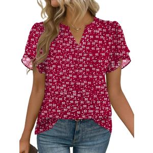 Zeagoo Womens Dressy Casual Chffon Shirts Short Sleeve V Neck Work Blouse | Flowy Business Casual Tops, Petal Sleeves, Double Layer, Office, Teacher, Interview Outfits for Spring, Summer (Red, XXL)