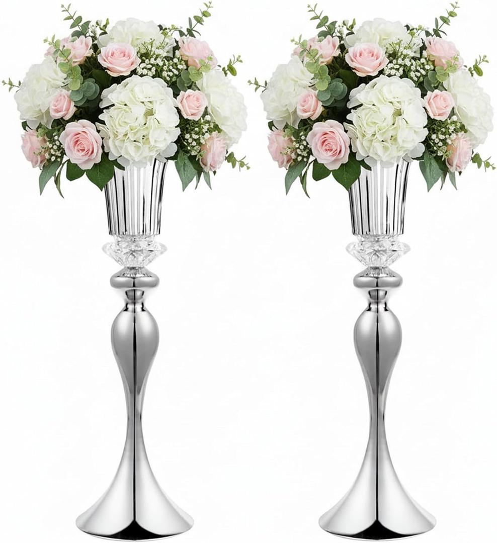 Metal Wedding Flower Vases for Tables: Elegant Vases for Centerpieces, Gold Trumpet Flower Arrangement Stands for Anniversary Christmas Birthday Party Event Wedding Home Decoration (2, Silver)