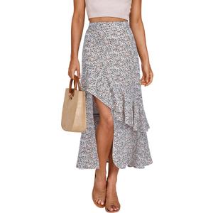 BTFBM Women 2026 Spring Summer Long Skirts Dress Boho Floral Elastic Waist Split Ruffle High Low Beach Maxi Skirt Clothes XL