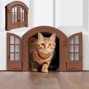 Purrfect Portal French Cat Door - Stylish No-Flap Cat Door Interior Door for Average-Sized Cats Up to 20 lbs, Easy DIY Setup, Secured Installation in Minutes, No Training Needed, 7.13 x 8.32 (Brown)