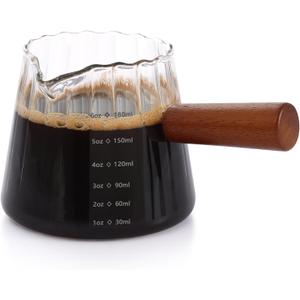 Espresso Cups 6 OZ, V-Shaped Spouts Cups, Espresso Shot Glasses with Wood Handle, Ribbed Milk Measuring Cup