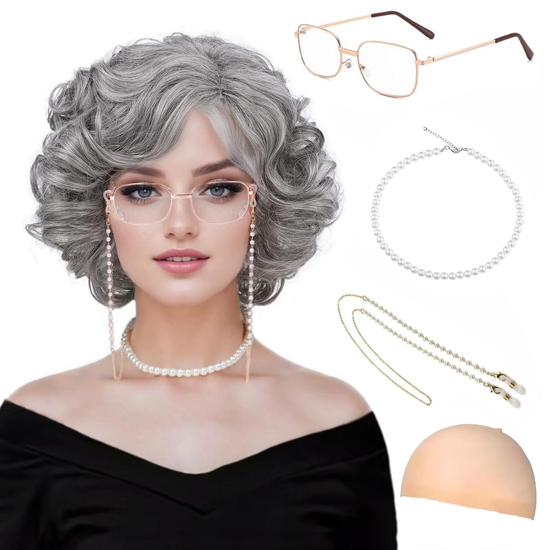 Old Lady Wig and Accessories for Granny Costume Wig Dark Grey Grandma Wig for Cosplay Halloween Party 5pcs set