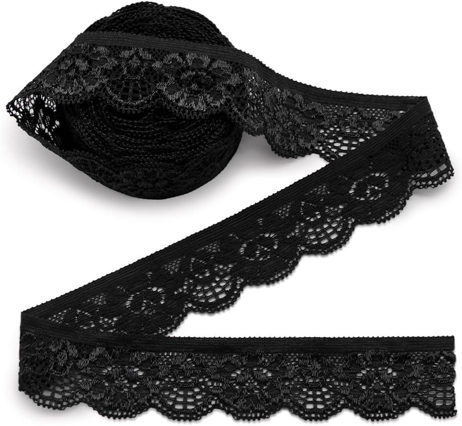 SEMINI 10 Yards 1" Wide Lace Elastic Trim Lace Ribbon Flower Edge Trimming for Sewing Craft Wedding Party Decor Clothes (Black)
