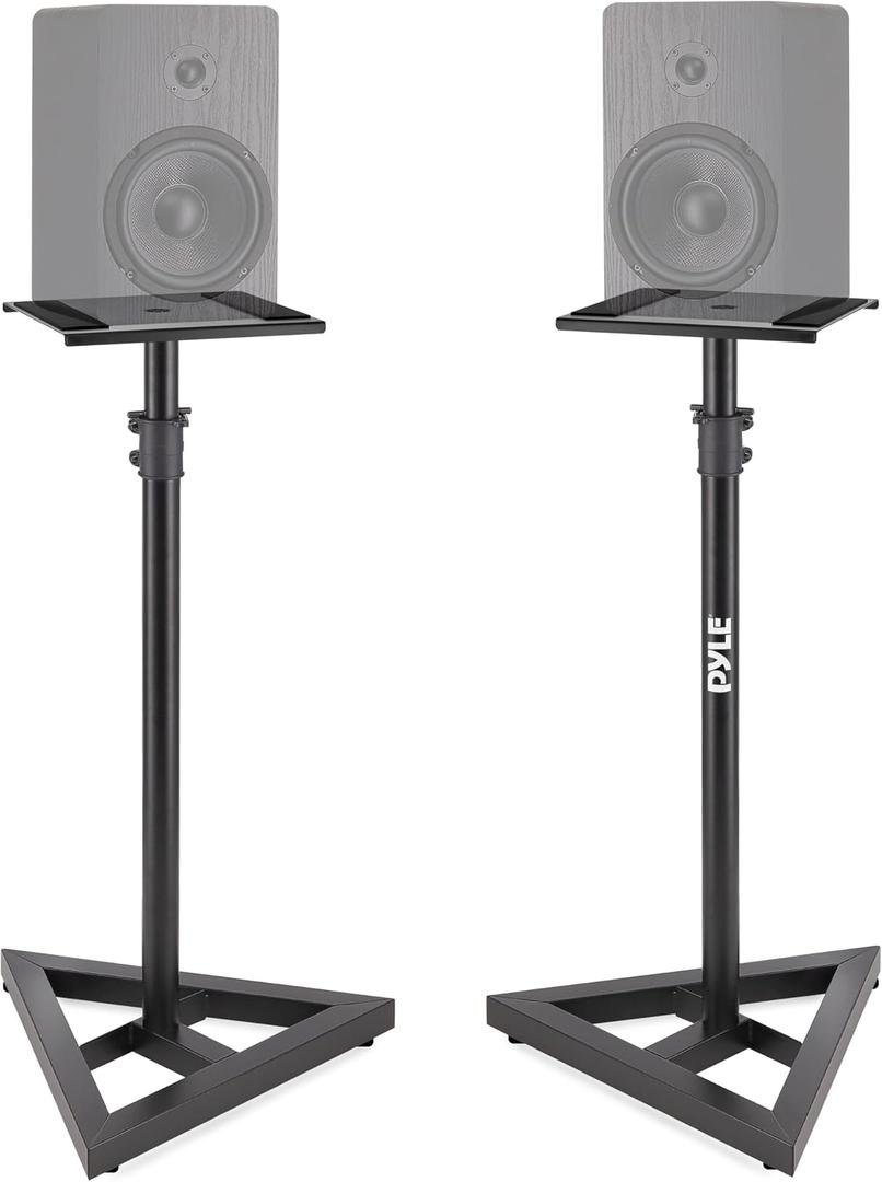 Pyle Speaker Stand Pair of Sound Play 1 and 3 Holder - Telescoping Height Adjustable from 26 - 52 Inch High Heavy Duty Three-point Triangle Base w/ Floor Spikes and 9 Square Platform, Black