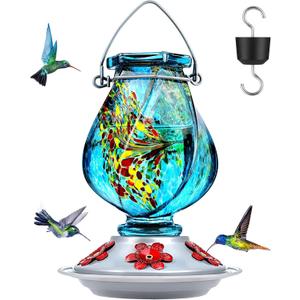 BOLITE Hummingbird Feeder, Hand Blown Glass Hummingbird Feeders for Outdoors Hanging with Ant Moat, 5 Bee-Proof Ports, Leak-Proof, 360 Perch, 22oz, Blue, Gifts for Women Men, Gifts for Mom Dad