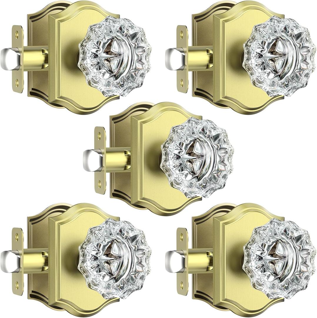 5 Pack Glass Crystal Door Knobs, Brushed Gold Crystal Passage Door Knobs Interior, Gorgeous Gold Crystal Glass Door Knob for Closet and Hall, Satin Brass