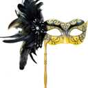 2024 New Masquerade Mask for Women with Stick - Shiny Women's Feather Mardi Gras Venetian Mask for Costume Accessory