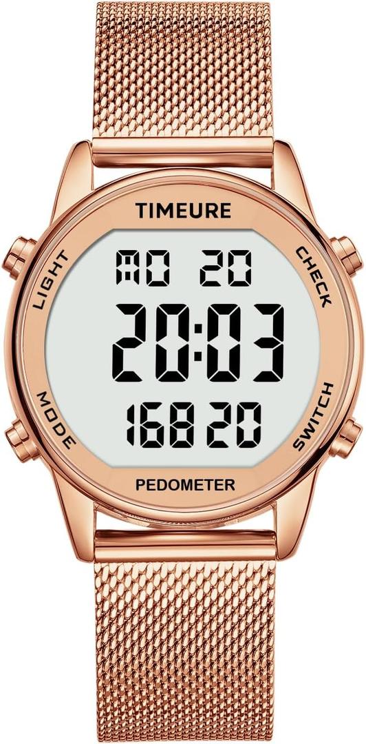 TIMEURE Women's Step Counter Pedometer Watch with Stainless Steel Bracelet, Stylish Design, No App, No Charging Needed for Step, Calorie, Distance Tracking, Alarm, Countdown Timer (Rose Gold)
