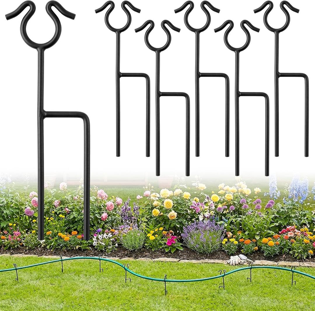 14 inch Garden Hose Guide Spike, 6 Pack Metal Hose Guides for Garden Heavy Duty Rustproof Coated Stake Keeps Water Hose Out of Flower Beds for Outside Lawn & Yard Plant Protection (Black)