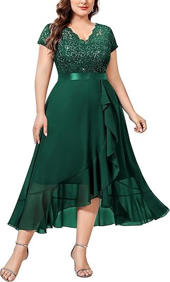 Knitee Women's Plus Size Sequin Floral Lace V Neck Formal Ruffle Hem Formal Prom Party Maxi Dresses 2 XL