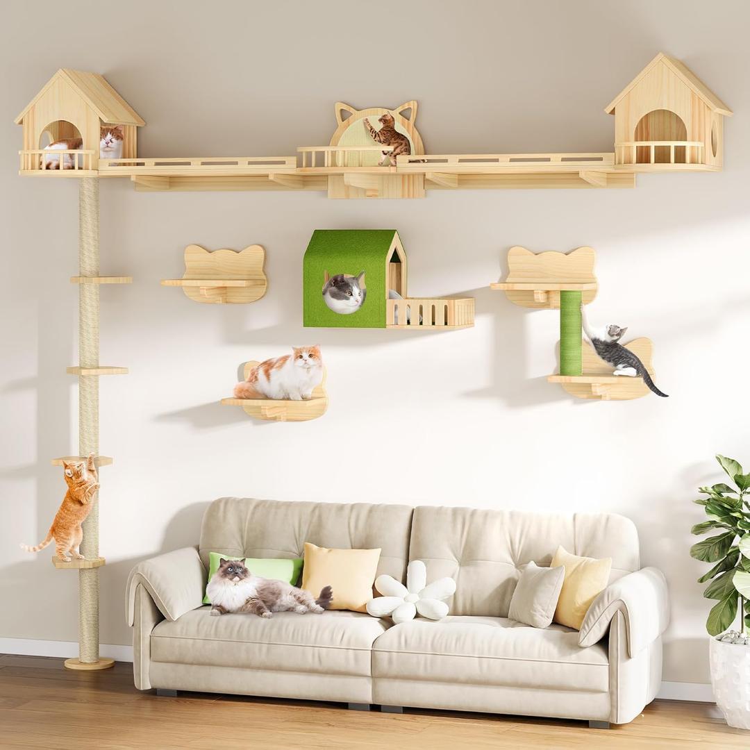 DWVO Solid Wood Cat Wall Shelves and Perches, Tall Floor to Ceiling Cat Tower w Scratching Posts, Wall Mounted Cat Furniture Climbing Shelves for Large Cats w Houses, Steps, Runway, Scratching Board
