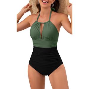 B2prity Women's One Piece Swimsuit Tummy Control Halter Bathing Suit Slimming Supportive Long Torso Friendly Swimwear (Medium, Z-93)
