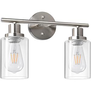 Unicozin 2 Light Vanity Lights, Brushed Nickel Wall Sconce Light with Clear Glass, Bathroom Light Fixtures, Wall Lights for Mirror, Living Room, Bedroom, Hallway, E26 Base (Bulbs Not Included)