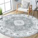 MUJOO Grey Round Rug 5ft,Circle Washable Area Rugs for Bedroom Living Room Bathroom,Boho Vintage Bohemian Distressed Farmhouse Large Non Slip Circular Carpet,Floral