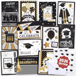 AUDREE Gold Foil Graduation Cards 2026 (5x7) - 12 Pack Grad Design with Envelopes & Stickers Bulk Assortment for College & High School, Congrats Grad Gifts Decorations for Him Her (Printed Messages)
