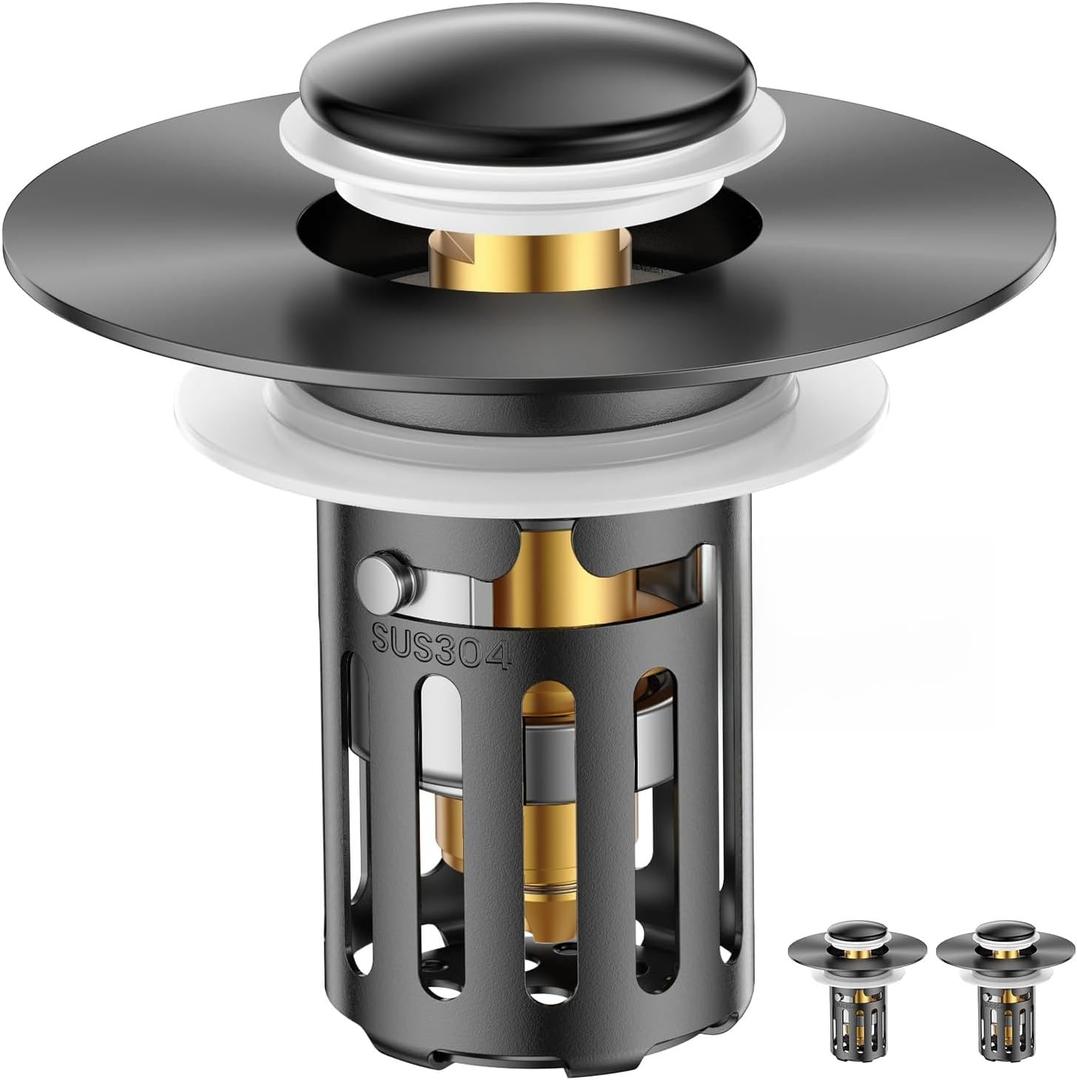 (2 Pc) Bathroom Sink Stopper-All Metal Sink Stopper-Universal Fit 99% Bathroom Stopper with Removable Stainless Steel Hair Catcher- Basin (1.1'' to 2.36'' inch) - Black