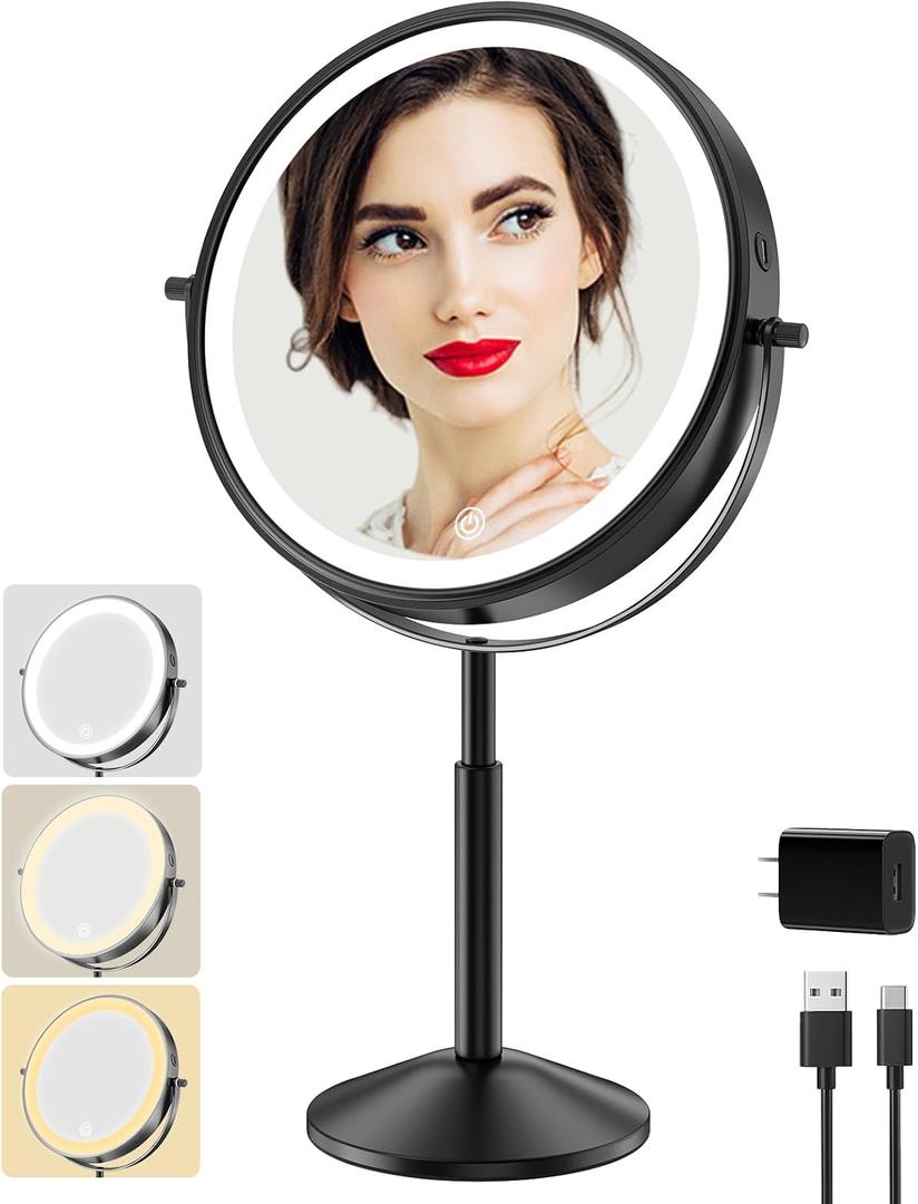 Professional 9" Lighted Makeup Mirror with 1X/10X Magnification- Rechargeable Double-Sided Vanity Mirror with Light, 88 High-CRI 97 LEDs, 3-Color & Dimmable Brightness, Height Adjustable, 360 Swivel (Black)