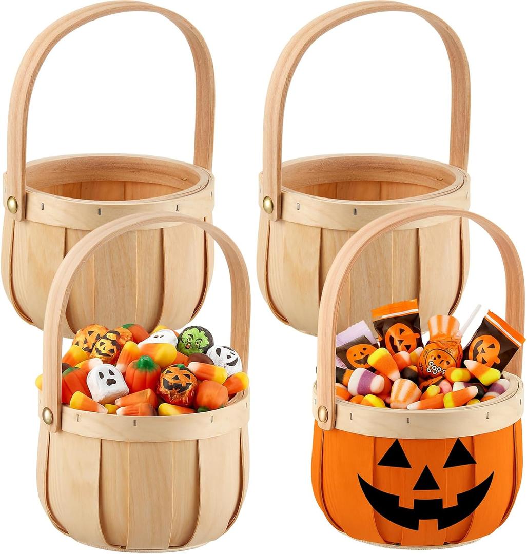 Boao 4 Pcs Small Round Natural Wicker Basket with Handle, Woodchip Wooden Decorative Storage Fall Wooden DIY Gifts, Candy Woven Basket for Home Decor Picnic Storage Halloween Trick or Treat