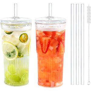 Puraville 20oz Glass Cups with Lids and Straws, 2 Pack High Borosilicate Iced Coffee Cups Drinking Glasses Tumbler for Smoothie, Water, Tea, Juice Drinks, Clear
