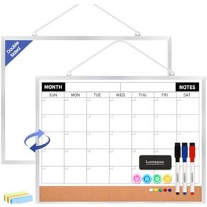Lumspax Monthly Calendar Dry Erase Board for Wall, 17"x13" Double-Sided Magnetic Calendar White Board with Cork, Silver Aluminum Alloy Frame Hanging Small Whiteboard for Office, Home, School, Pack Of 2