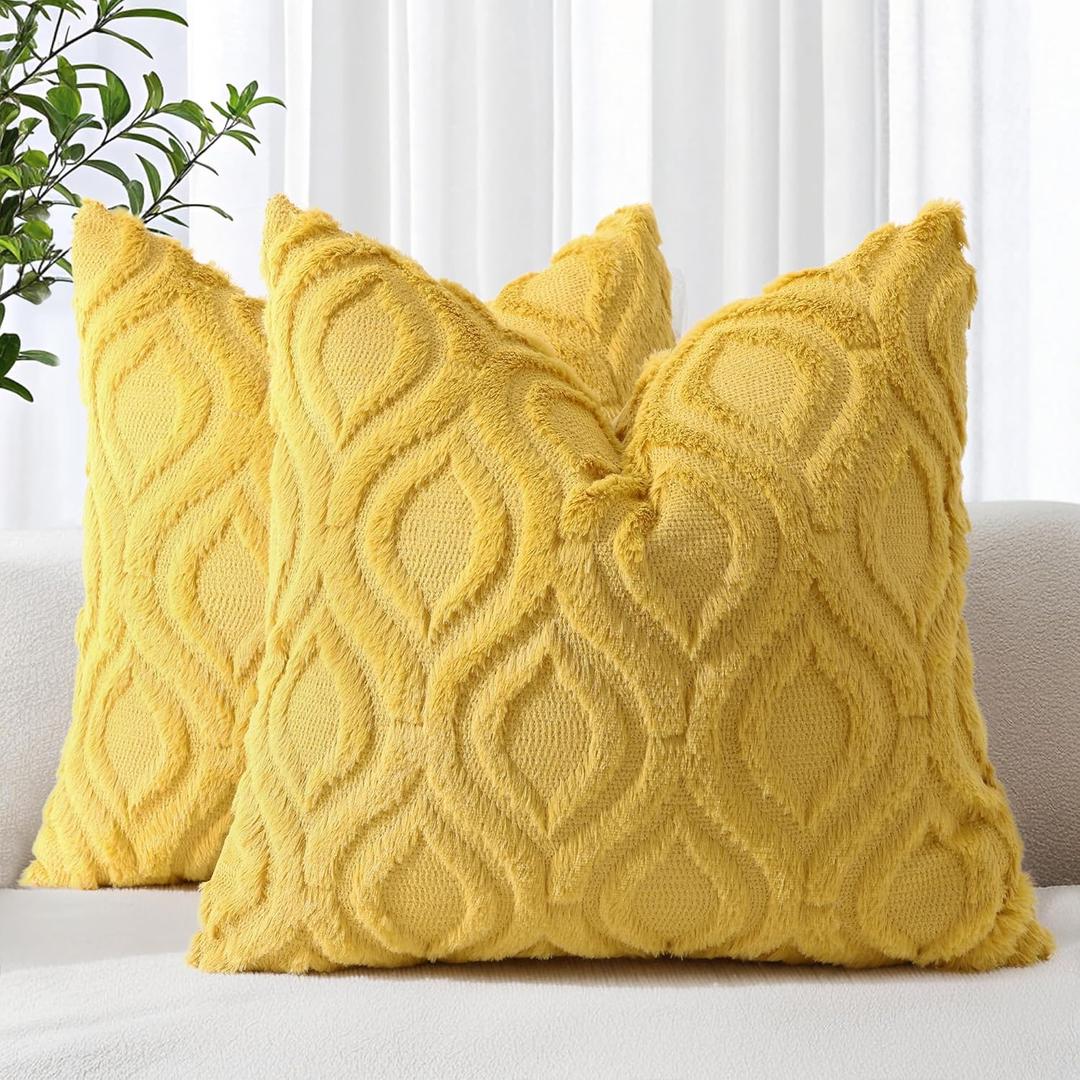 decorUhome Summer Throw Pillow Covers 18x18 Inch Set of 2, Soft Plush Faux Wool Mustard Yellow Solid Couch Pillow Covers, Accent Farmhouse Neutral Square Pillow Cases for Sofa Bed Living Room,18" x 18" (Pack of 2), Mustard Yellow